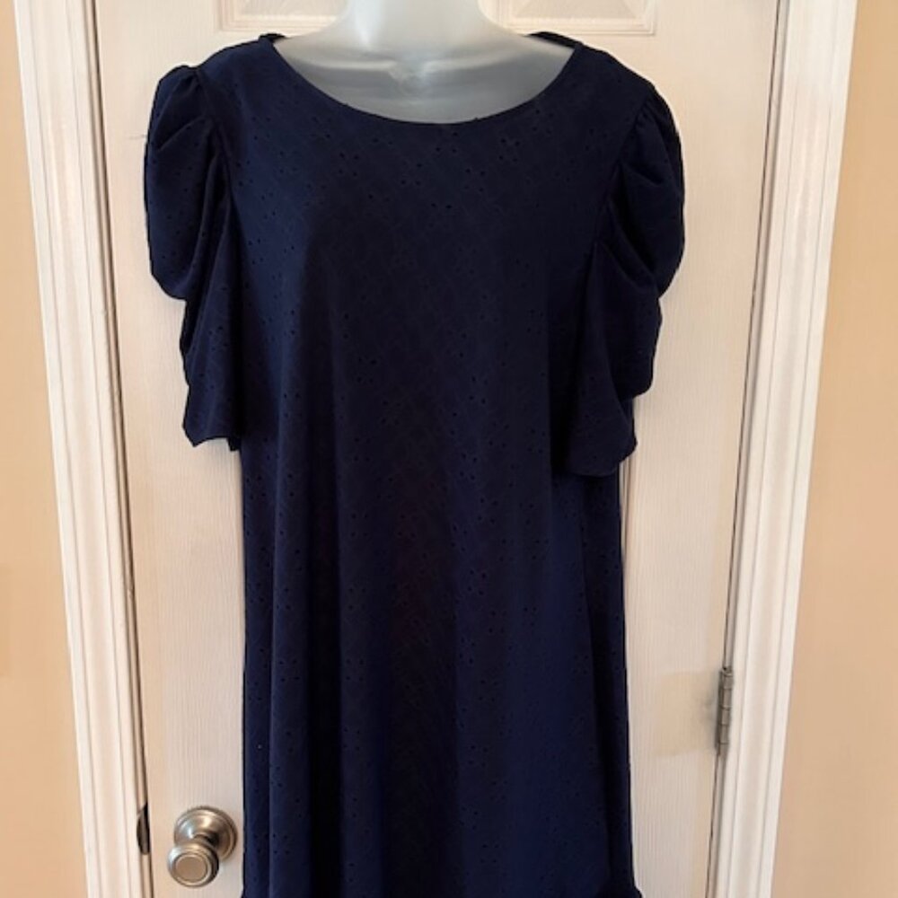 Cece Navy Eyelet Ruffled Hem Shift Dress